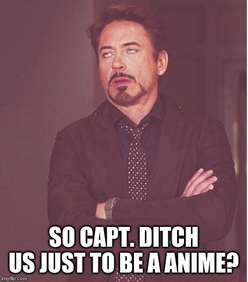 Face You Make Robert Downey Jr Meme | SO CAPT. DITCH US JUST TO BE A ANIME? | image tagged in memes,face you make robert downey jr | made w/ Imgflip meme maker