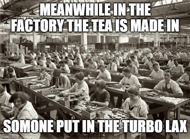 Factory Workers | MEANWHILE IN THE FACTORY THE TEA IS MADE IN SOMONE PUT IN THE TURBO LAX | image tagged in factory workers | made w/ Imgflip meme maker
