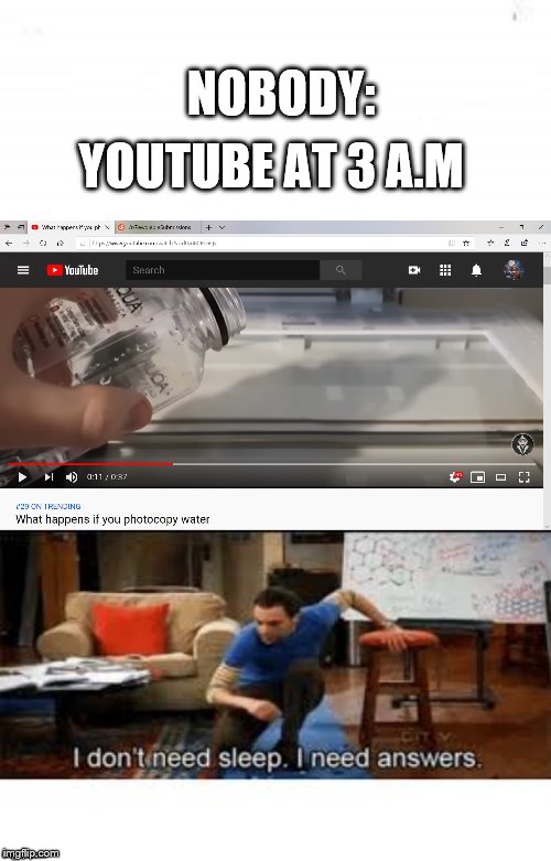 YOUTUBE AT 3 A.M; NOBODY: | image tagged in funny memes,i dont need sleep i need answers | made w/ Imgflip meme maker