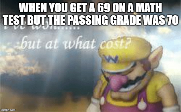 I've won but at what cost? | WHEN YOU GET A 69 ON A MATH TEST BUT THE PASSING GRADE WAS 70 | image tagged in i've won but at what cost | made w/ Imgflip meme maker
