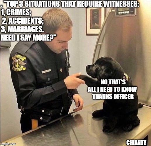 Witnesses | . "TOP 3 SITUATIONS THAT REQUIRE WITNESSES: 
1, CRIMES;
 2, ACCIDENTS; 
3, MARRIAGES. 
NEED I SAY MORE?"; NO THAT'S ALL I NEED TO KNOW 
THANKS OFFICER; CHIANTY | image tagged in crime | made w/ Imgflip meme maker
