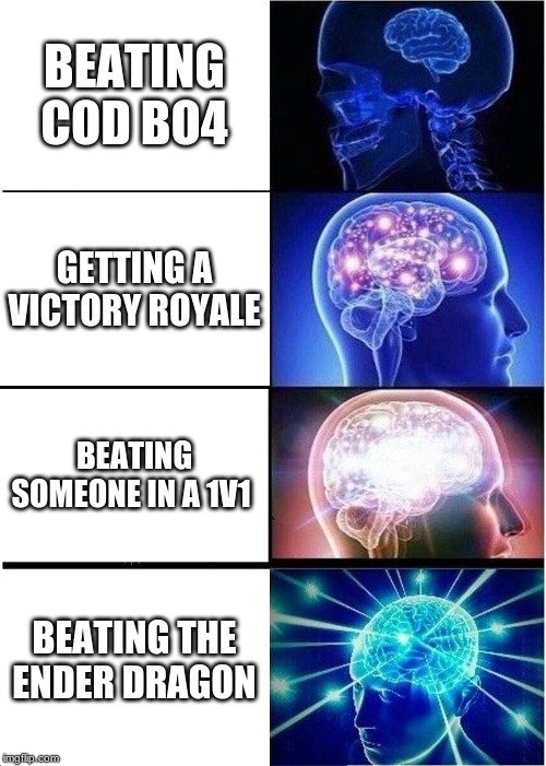 Expanding Brain Meme | BEATING COD BO4; GETTING A VICTORY ROYALE; BEATING SOMEONE IN A 1V1; BEATING THE ENDER DRAGON | image tagged in memes,expanding brain | made w/ Imgflip meme maker