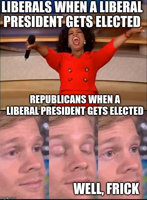 LIBERALS WHEN A LIBERAL PRESIDENT GETS ELECTED; REPUBLICANS WHEN A LIBERAL PRESIDENT GETS ELECTED; WELL, FRICK | image tagged in memes,oprah you get a,blinking guy | made w/ Imgflip meme maker