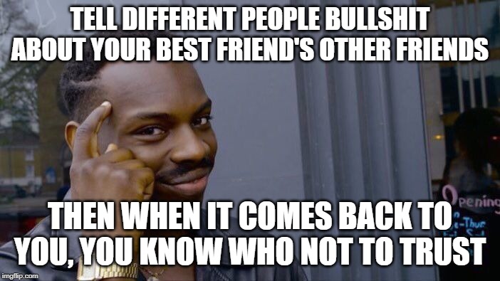 Roll Safe Think About It Meme | TELL DIFFERENT PEOPLE BULLSHIT ABOUT YOUR BEST FRIEND'S OTHER FRIENDS; THEN WHEN IT COMES BACK TO YOU, YOU KNOW WHO NOT TO TRUST | image tagged in memes,roll safe think about it | made w/ Imgflip meme maker