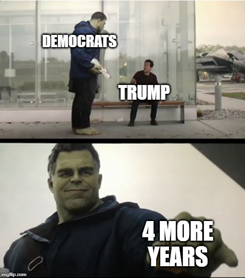 Hulk gives Antman taco | DEMOCRATS; TRUMP; 4 MORE YEARS | image tagged in hulk gives antman taco | made w/ Imgflip meme maker