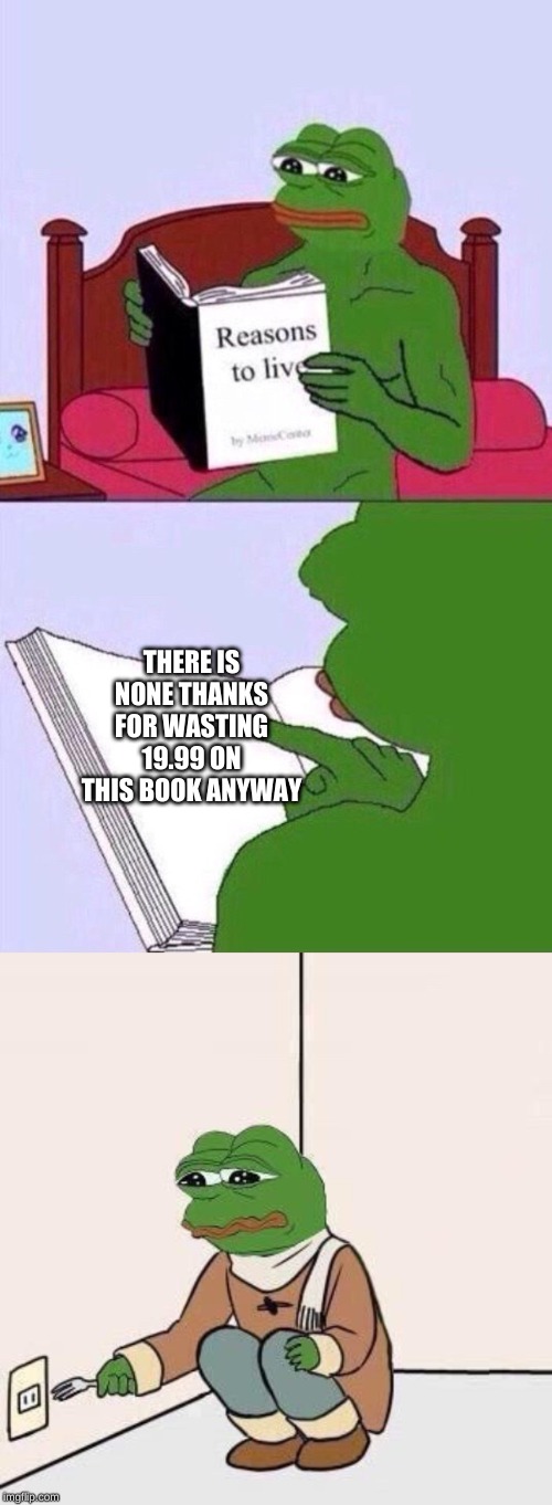 THERE IS NONE THANKS FOR WASTING 19.99 ON THIS BOOK ANYWAY | image tagged in sad pepe suicide,reasons to live pepe the frog | made w/ Imgflip meme maker