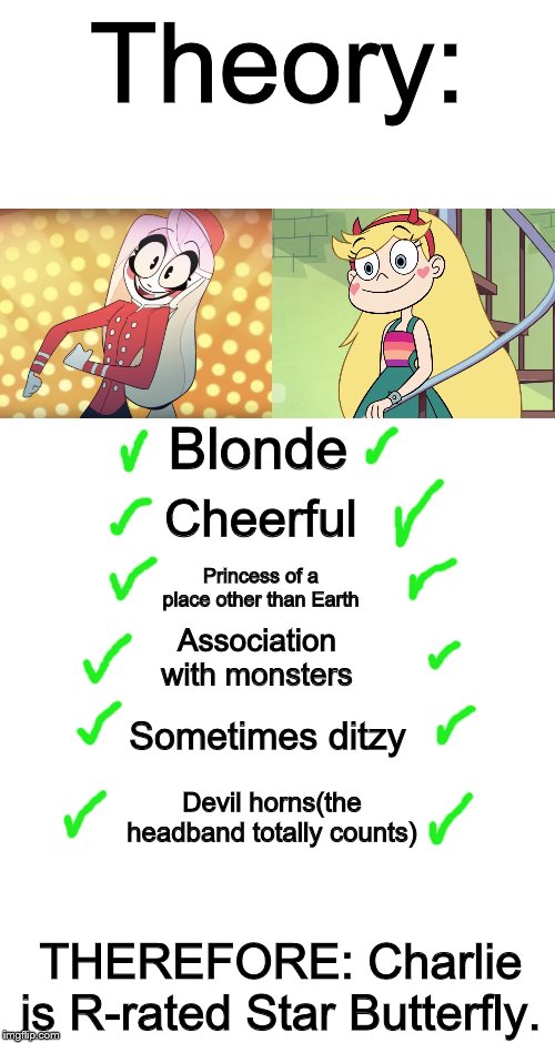 Theory:; Blonde; Cheerful; Princess of a place other than Earth; Association with monsters; Sometimes ditzy; Devil horns(the headband totally counts); THEREFORE: Charlie is R-rated Star Butterfly. | image tagged in blank white template | made w/ Imgflip meme maker