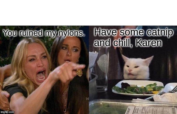 Woman Yelling At Cat Meme | You ruined my nylons. Have some catnip and chill, Karen | image tagged in memes,woman yelling at cat | made w/ Imgflip meme maker