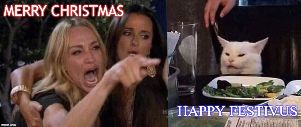 woman yelling at cat | MERRY CHRISTMAS; HAPPY FESTIVUS | image tagged in woman yelling at cat | made w/ Imgflip meme maker