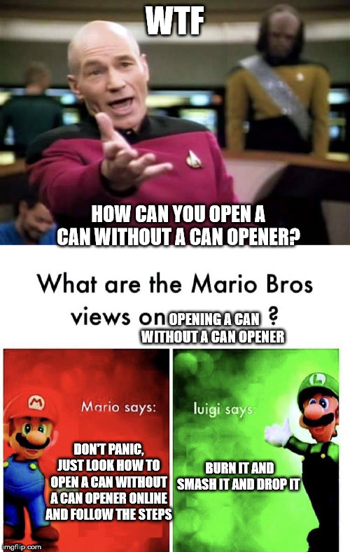 WTF OPENING A CAN WITHOUT A CAN OPENER DON'T PANIC, JUST LOOK HOW TO OPEN A CAN WITHOUT A CAN OPENER ONLINE AND FOLLOW THE STEPS BURN IT AND | image tagged in memes,picard wtf,mario bros views | made w/ Imgflip meme maker