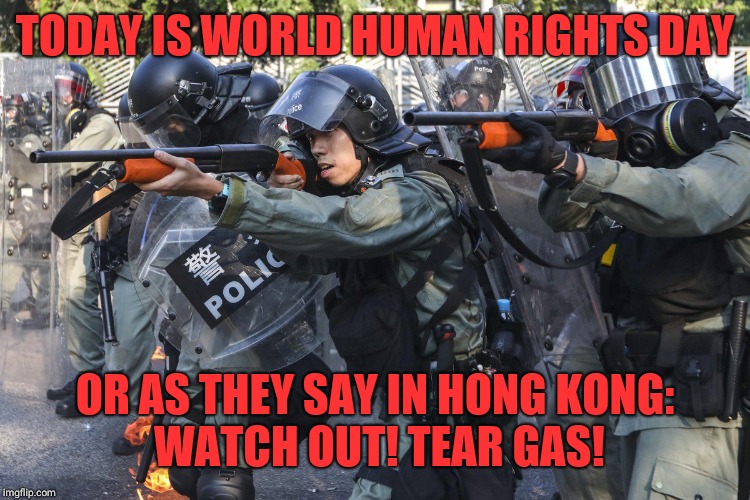 Hong Kong Police | TODAY IS WORLD HUMAN RIGHTS DAY; OR AS THEY SAY IN HONG KONG:
 WATCH OUT! TEAR GAS! | image tagged in hong kong police | made w/ Imgflip meme maker