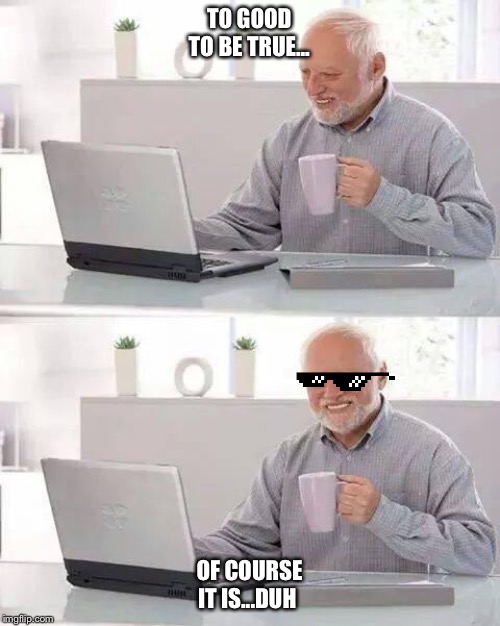 Hide the Pain Harold Meme | TO GOOD TO BE TRUE... OF COURSE IT IS...DUH | image tagged in memes,hide the pain harold | made w/ Imgflip meme maker
