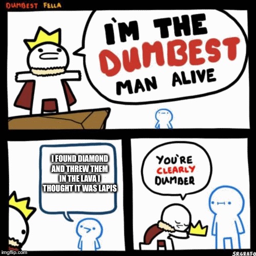I'm the dumbest man alive | I FOUND DIAMOND AND THREW THEM IN THE LAVA I THOUGHT IT WAS LAPIS | image tagged in i'm the dumbest man alive | made w/ Imgflip meme maker