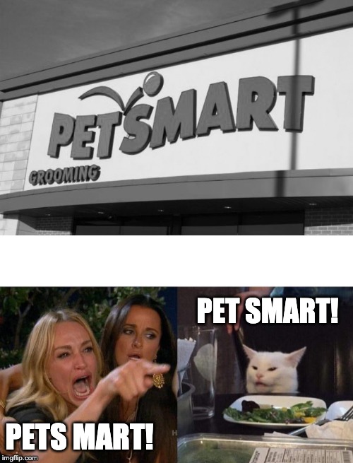 PET SMART! PETS MART! | image tagged in memes,woman yelling at cat | made w/ Imgflip meme maker