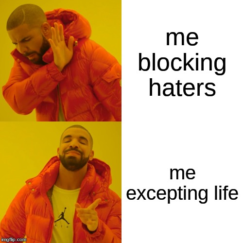 Drake Hotline Bling | me blocking haters; me excepting life | image tagged in memes,drake hotline bling | made w/ Imgflip meme maker