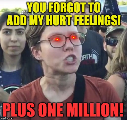 Triggered feminist | YOU FORGOT TO ADD MY HURT FEELINGS! PLUS ONE MILLION! | image tagged in triggered feminist | made w/ Imgflip meme maker