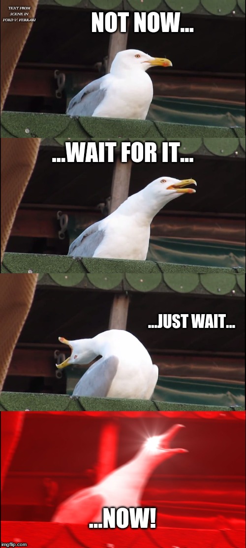 Inhaling Seagull Meme | NOT NOW... TEXT FROM SCENE IN FORD V. FERRARI; ...WAIT FOR IT... ...JUST WAIT... ...NOW! | image tagged in memes,inhaling seagull | made w/ Imgflip meme maker