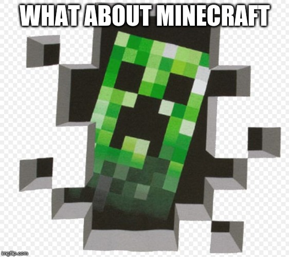 Minecraft Creeper | WHAT ABOUT MINECRAFT | image tagged in minecraft creeper | made w/ Imgflip meme maker