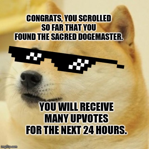 your welcome :) | CONGRATS, YOU SCROLLED SO FAR THAT YOU FOUND THE SACRED DOGEMASTER. YOU WILL RECEIVE MANY UPVOTES FOR THE NEXT 24 HOURS. | image tagged in memes,doge | made w/ Imgflip meme maker