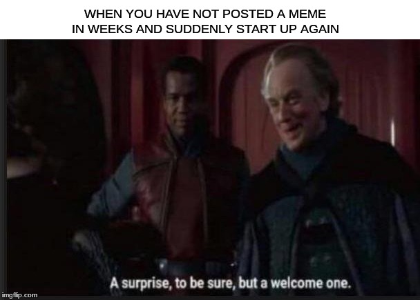 Palpatine Surprise to be sure | WHEN YOU HAVE NOT POSTED A MEME IN WEEKS AND SUDDENLY START UP AGAIN | image tagged in palpatine surprise to be sure | made w/ Imgflip meme maker