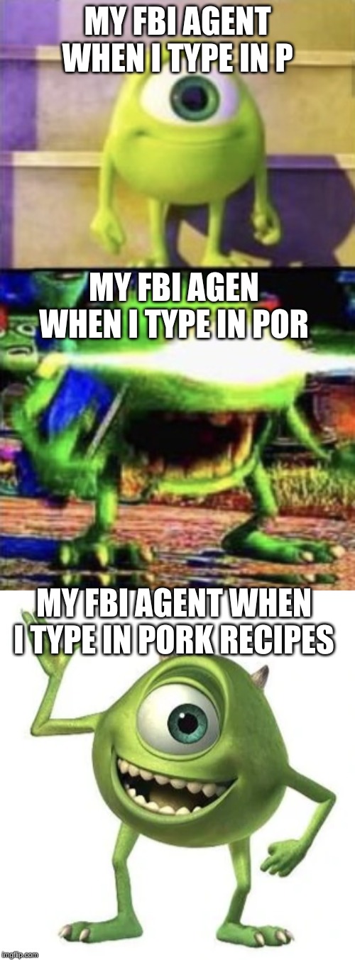 MY FBI AGENT WHEN I TYPE IN P; MY FBI AGEN WHEN I TYPE IN POR; MY FBI AGENT WHEN I TYPE IN PORK RECIPES | image tagged in mike wazowski,memes,expanding brain,sully wazowski,mike wazowski trying to explain,monsters inc | made w/ Imgflip meme maker