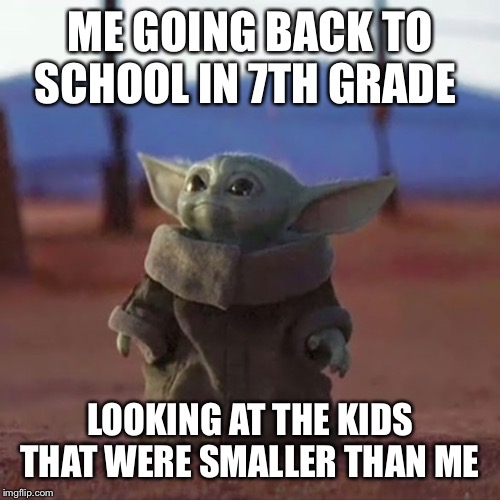 Baby Yoda | ME GOING BACK TO SCHOOL IN 7TH GRADE; LOOKING AT THE KIDS THAT WERE SMALLER THAN ME | image tagged in baby yoda | made w/ Imgflip meme maker