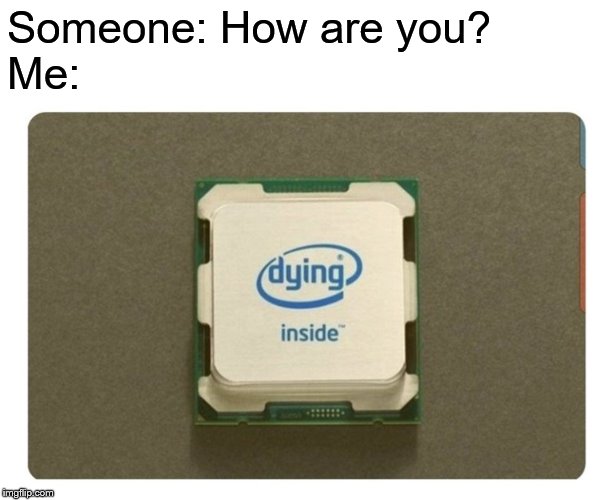 Dying inside. | Someone: How are you?
Me: | image tagged in dying,inside | made w/ Imgflip meme maker