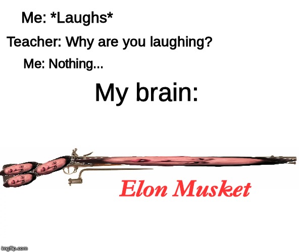 A perfectly perserved 2019 Tesla model Elon Musk-et | Me: *Laughs*; Teacher: Why are you laughing? Me: Nothing... My brain:; Elon Musket | image tagged in elon musk,gun | made w/ Imgflip meme maker