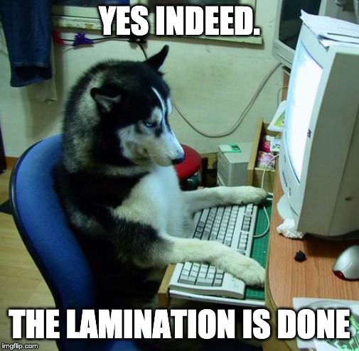 I Have No Idea What I Am Doing | YES INDEED. THE LAMINATION IS DONE | image tagged in memes,i have no idea what i am doing | made w/ Imgflip meme maker