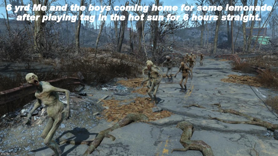 Thought I´d use a Fallout 4 template for a change | 6 yrd Me and the boys coming home for some lemonade after playing tag in the hot sun for 6 hours straight. | image tagged in fallout 4,summer,me and the boys | made w/ Imgflip meme maker