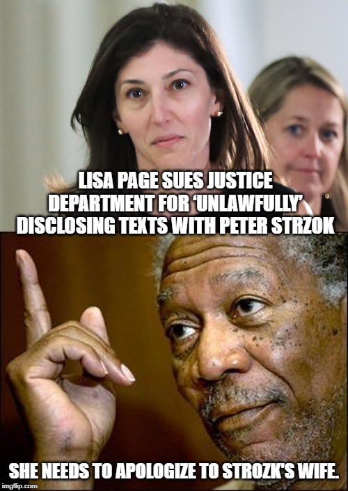 Shameless | LISA PAGE SUES JUSTICE DEPARTMENT FOR ‘UNLAWFULLY’ DISCLOSING TEXTS WITH PETER STRZOK; SHE NEEDS TO APOLOGIZE TO STROZK'S WIFE. | image tagged in this morgan freeman,lisa page,coup,fbi love birds,no fidelity | made w/ Imgflip meme maker