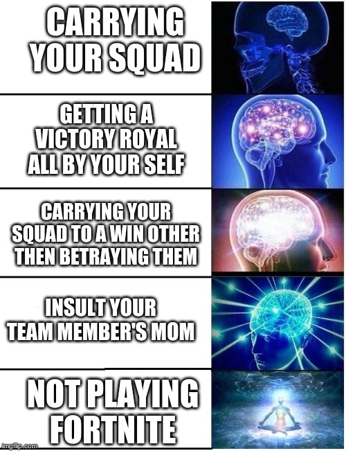 Expanding Brain 5 Panel | CARRYING YOUR SQUAD GETTING A VICTORY ROYAL ALL BY YOUR SELF CARRYING YOUR SQUAD TO A WIN OTHER THEN BETRAYING THEM INSULT YOUR TEAM MEMBER' | image tagged in expanding brain 5 panel | made w/ Imgflip meme maker