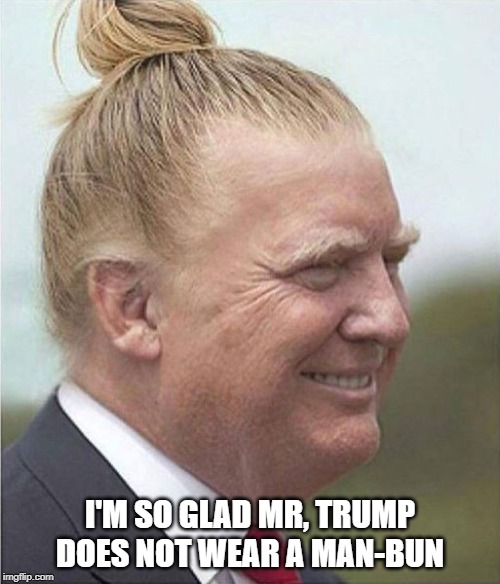Trump's man bun | I'M SO GLAD MR, TRUMP DOES NOT WEAR A MAN-BUN | image tagged in /man bun,trump,goofy stuff | made w/ Imgflip meme maker