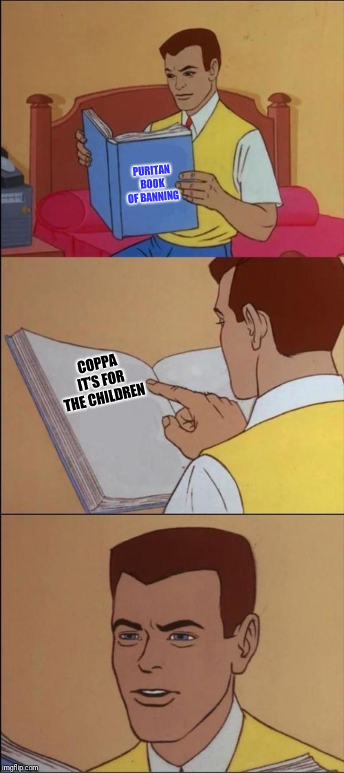 ######ship Ce#####hip Censor#### | PURITAN BOOK OF BANNING; COPPA IT'S FOR THE CHILDREN | image tagged in peter parker reading a book,political meme,coppa | made w/ Imgflip meme maker