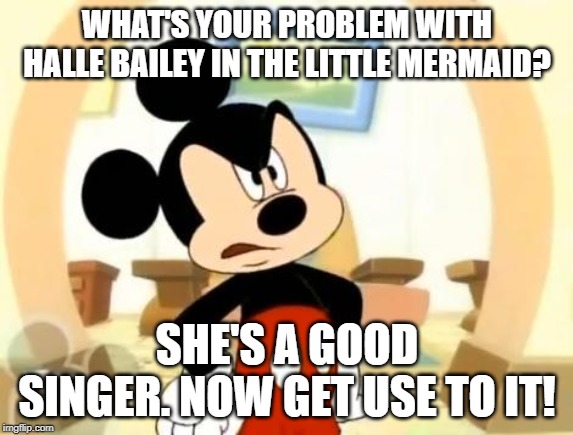 What's Your Problem? | WHAT'S YOUR PROBLEM WITH HALLE BAILEY IN THE LITTLE MERMAID? SHE'S A GOOD SINGER. NOW GET USE TO IT! | image tagged in mickey mouse angry,the little mermaid,disney | made w/ Imgflip meme maker