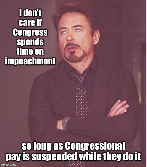 Honest pay for honest work | I don’t care if Congress spends time on impeachment; so long as Congressional pay is suspended while they do it | image tagged in memes,face you make robert downey jr,congressional pay,pay suspension,impeachment proceedings | made w/ Imgflip meme maker