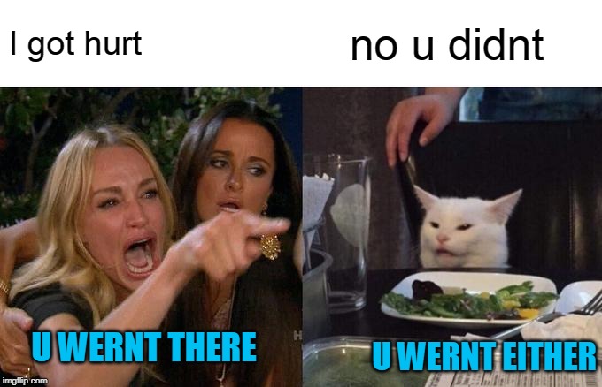 Woman Yelling At Cat Meme | I got hurt; no u didnt; U WERNT EITHER; U WERNT THERE | image tagged in memes,woman yelling at cat | made w/ Imgflip meme maker