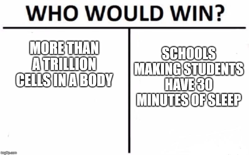 Who Would Win? | MORE THAN A TRILLION CELLS IN A BODY; SCHOOLS MAKING STUDENTS HAVE 30 MINUTES OF SLEEP | image tagged in memes,who would win | made w/ Imgflip meme maker