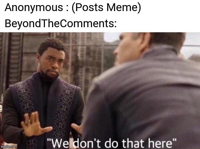 Beyond The Comments | Anonymous : (Posts Meme); BeyondTheComments: | image tagged in we dont do that here,beyondthecomments,meme,anonymous | made w/ Imgflip meme maker