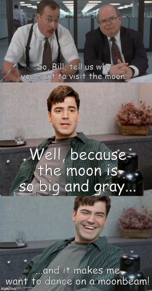 Why do you want to visit the moon, Bill? | So, Bill, tell us why you want to visit the moon. Well, because the moon is so big and gray... ...and it makes me want to dance on a moonbeam! | image tagged in office space interview | made w/ Imgflip meme maker