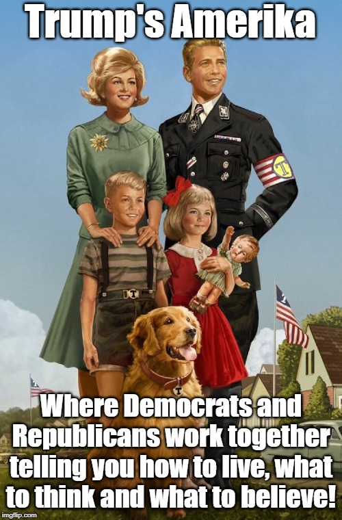 Trump's Amerika  Democrats/Republicans work together | Trump's Amerika; Where Democrats and Republicans work together telling you how to live, what to think and what to believe! | image tagged in trump family values | made w/ Imgflip meme maker