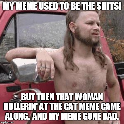 I used to be big stuff, then the woman hollerin' at the cat meme came along. | MY MEME USED TO BE THE SHITS! BUT THEN THAT WOMAN HOLLERIN' AT THE CAT MEME CAME ALONG.  AND MY MEME GONE BAD. | image tagged in almost redneck | made w/ Imgflip meme maker