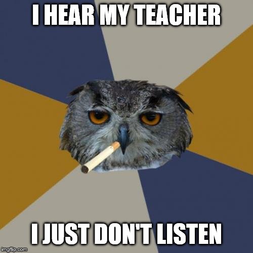 Who does? Get it? 'Who'? ... | I HEAR MY TEACHER; I JUST DON'T LISTEN | image tagged in memes,art student owl | made w/ Imgflip meme maker