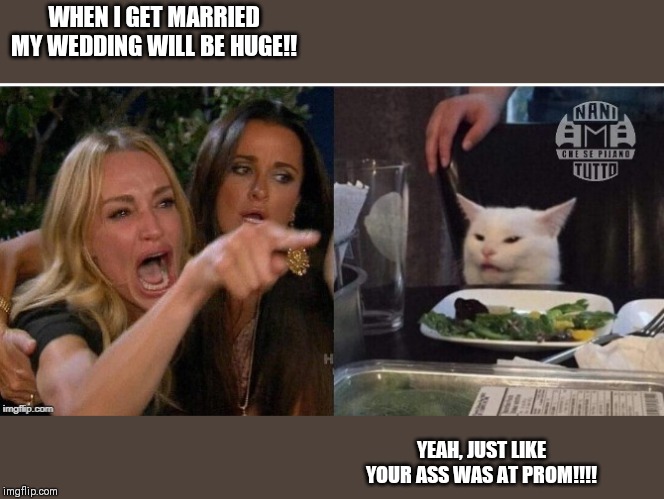 white cat table | WHEN I GET MARRIED MY WEDDING WILL BE HUGE!! YEAH, JUST LIKE YOUR ASS WAS AT PROM!!!! | image tagged in white cat table | made w/ Imgflip meme maker