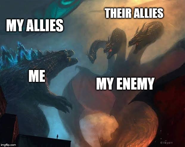Monsters | THEIR ALLIES; MY ALLIES; ME; MY ENEMY | image tagged in monsters | made w/ Imgflip meme maker