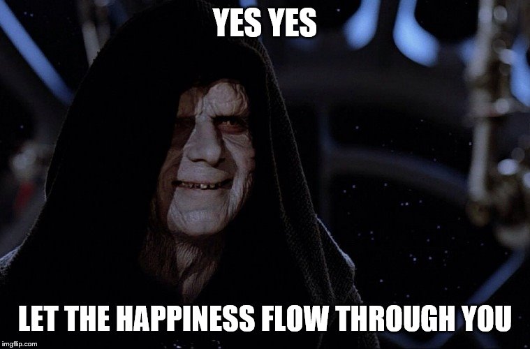 yes yes let the hate flow through you | YES YES LET THE HAPPINESS FLOW THROUGH YOU | image tagged in yes yes let the hate flow through you | made w/ Imgflip meme maker