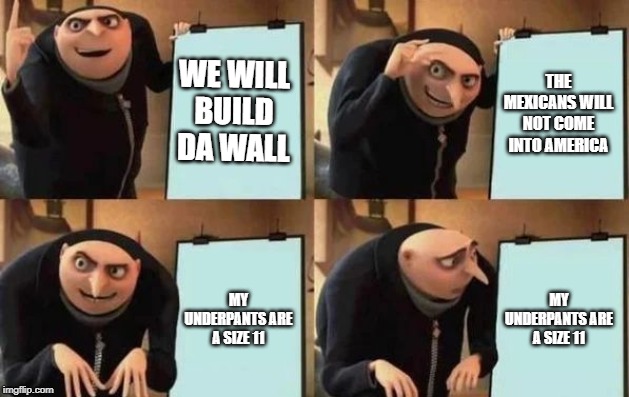 Gru's Plan | WE WILL BUILD DA WALL; THE MEXICANS WILL NOT COME INTO AMERICA; MY UNDERPANTS ARE A SIZE 11; MY UNDERPANTS ARE A SIZE 11 | image tagged in gru's plan | made w/ Imgflip meme maker