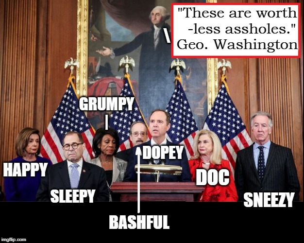 The Seven Mental Dwarfs | "These are worth   -less assholes." Geo. Washington; \; GRUMPY |; DOPEY; HAPPY; DOC; SLEEPY; SNEEZY; BASHFUL | image tagged in vince vance,adam schiff,maxine waters,nancy pelosi,jerry nadler,impeachment | made w/ Imgflip meme maker