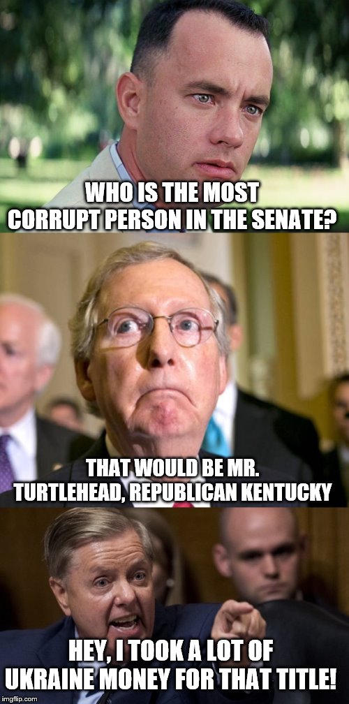 WHO IS THE MOST CORRUPT PERSON IN THE SENATE? THAT WOULD BE MR. TURTLEHEAD, REPUBLICAN KENTUCKY; HEY, I TOOK A LOT OF UKRAINE MONEY FOR THAT TITLE! | image tagged in mitch mcconnell,memes,and just like that,angry lindsey graham | made w/ Imgflip meme maker
