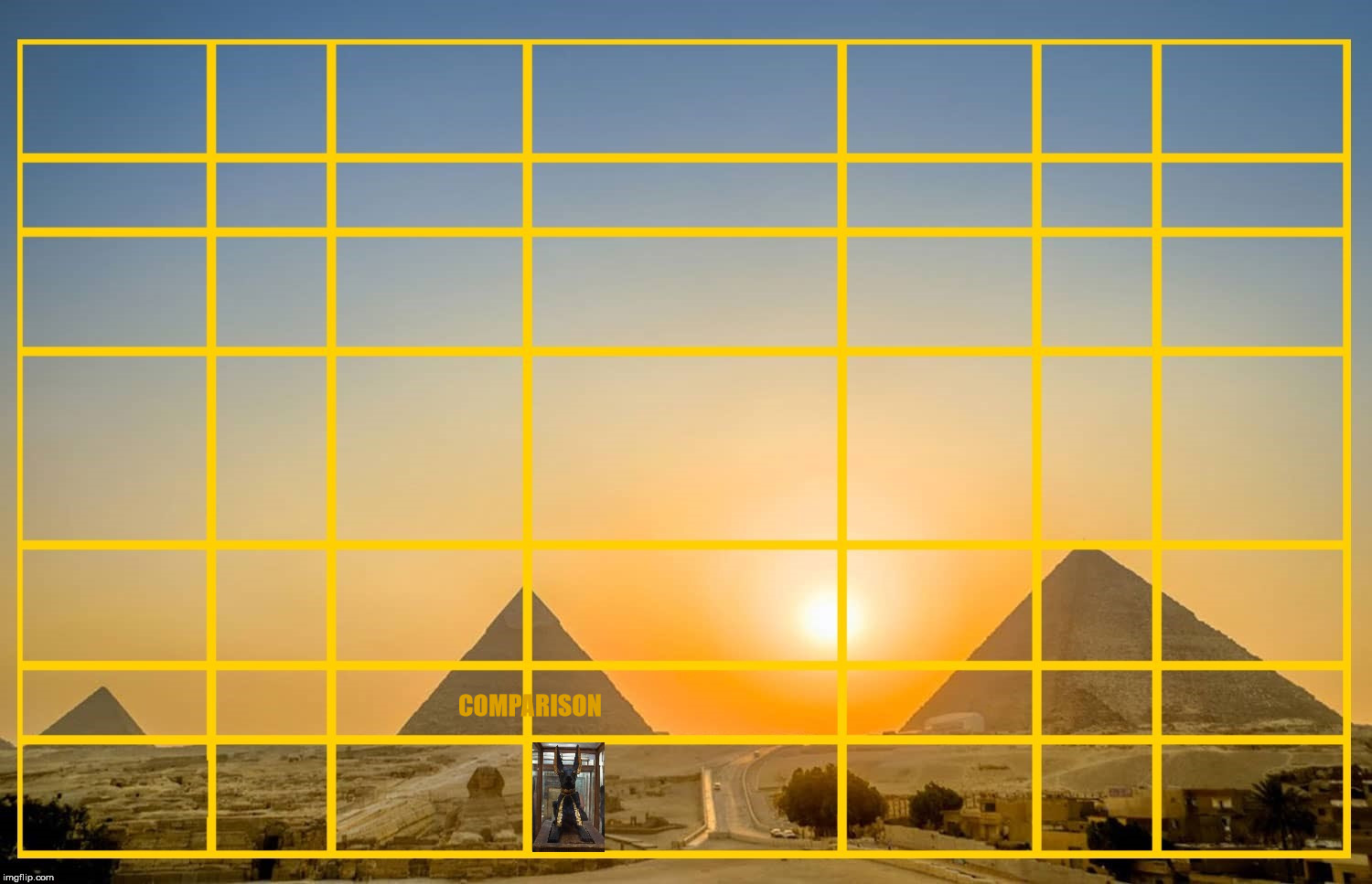 The Giza Necropolis with a Golden Rectangle overlay.  Jackal statue next to the Great Sphinx for comparison purpose. | COMPARISON | image tagged in the giza necropolis,the great sphinx,egypt,pyramids,jackal,the golden ratio | made w/ Imgflip meme maker